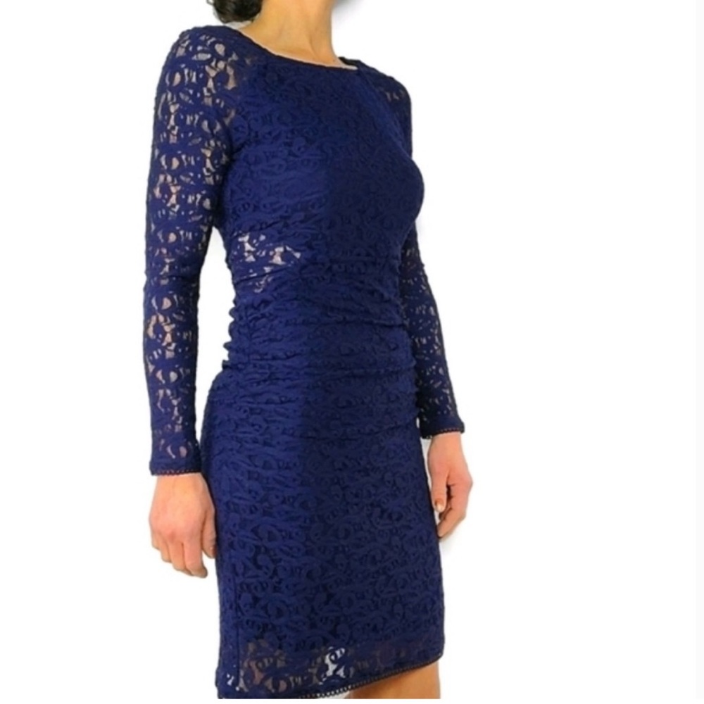 Laundry by Shelli Segal Dress. Long-Sleeve w/Peekaboo Sides in Navy Stretch Lace
